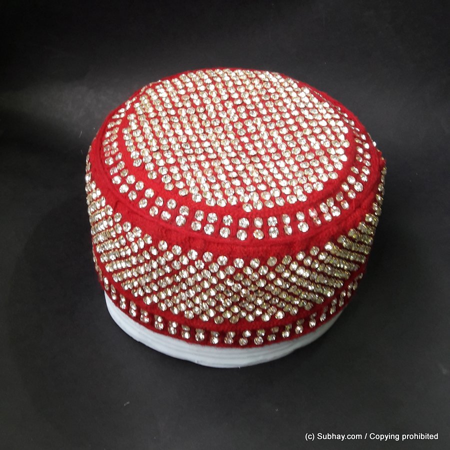 Red Color Round Full Sindhi Nagina /  Zircon Cap or Topi MKC-631